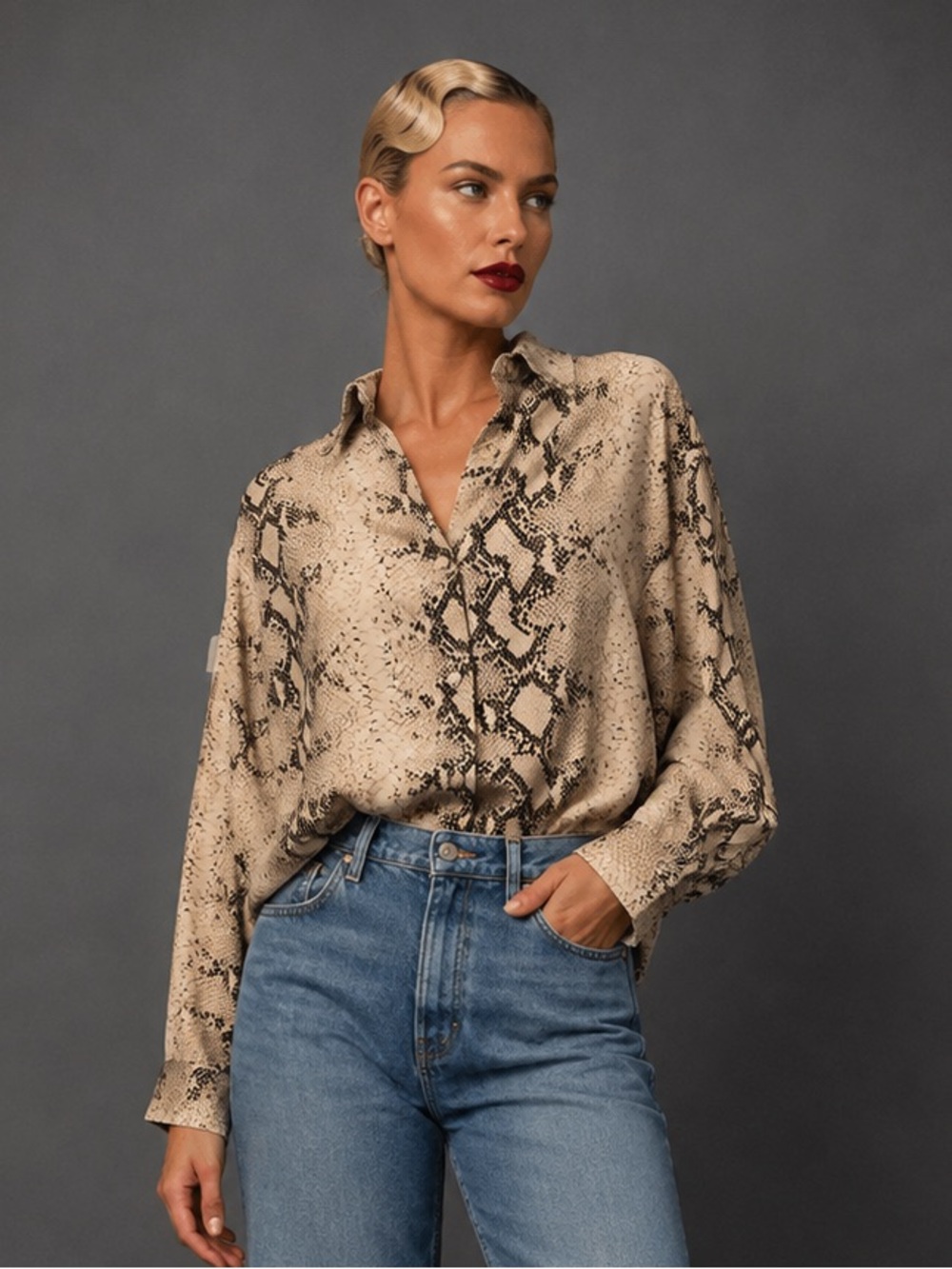 Vintage Bill Blass Neutral Snake Print Button-Up Blouse XL